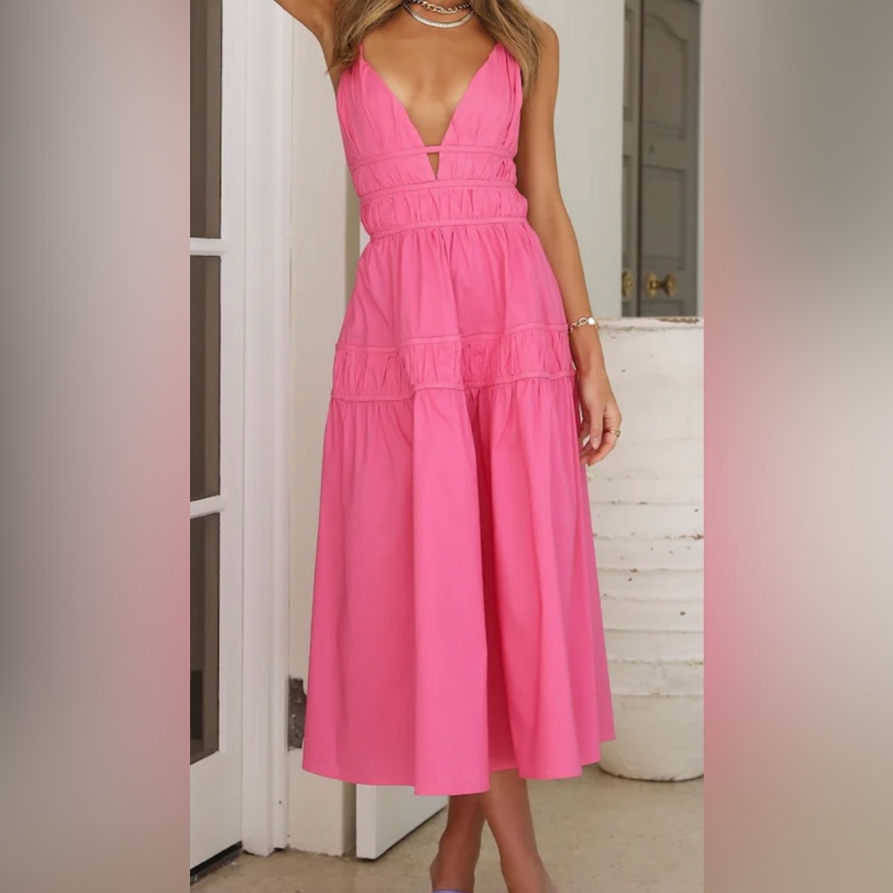 Hello Molly Pink Plunge Neck Tiered Midi Dress